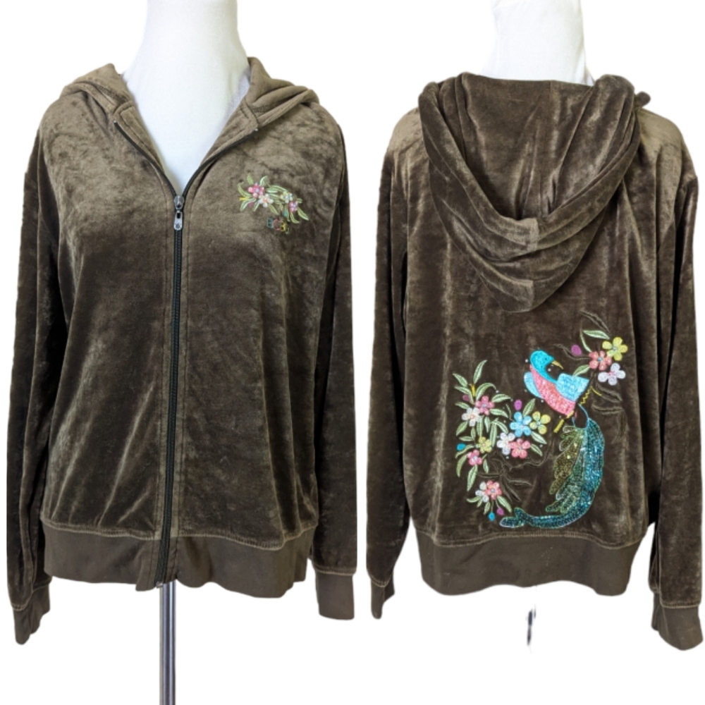 BCBG Y2K Green Velour Jacket 1X Sequin Peacock Design Zip Up Hoodie Sweater